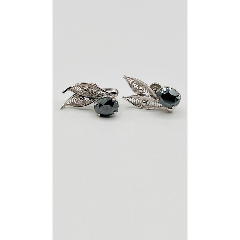 Sorrento Filigree Sterling Silver Black Hematite Clip Earrings Vintage Screwback
